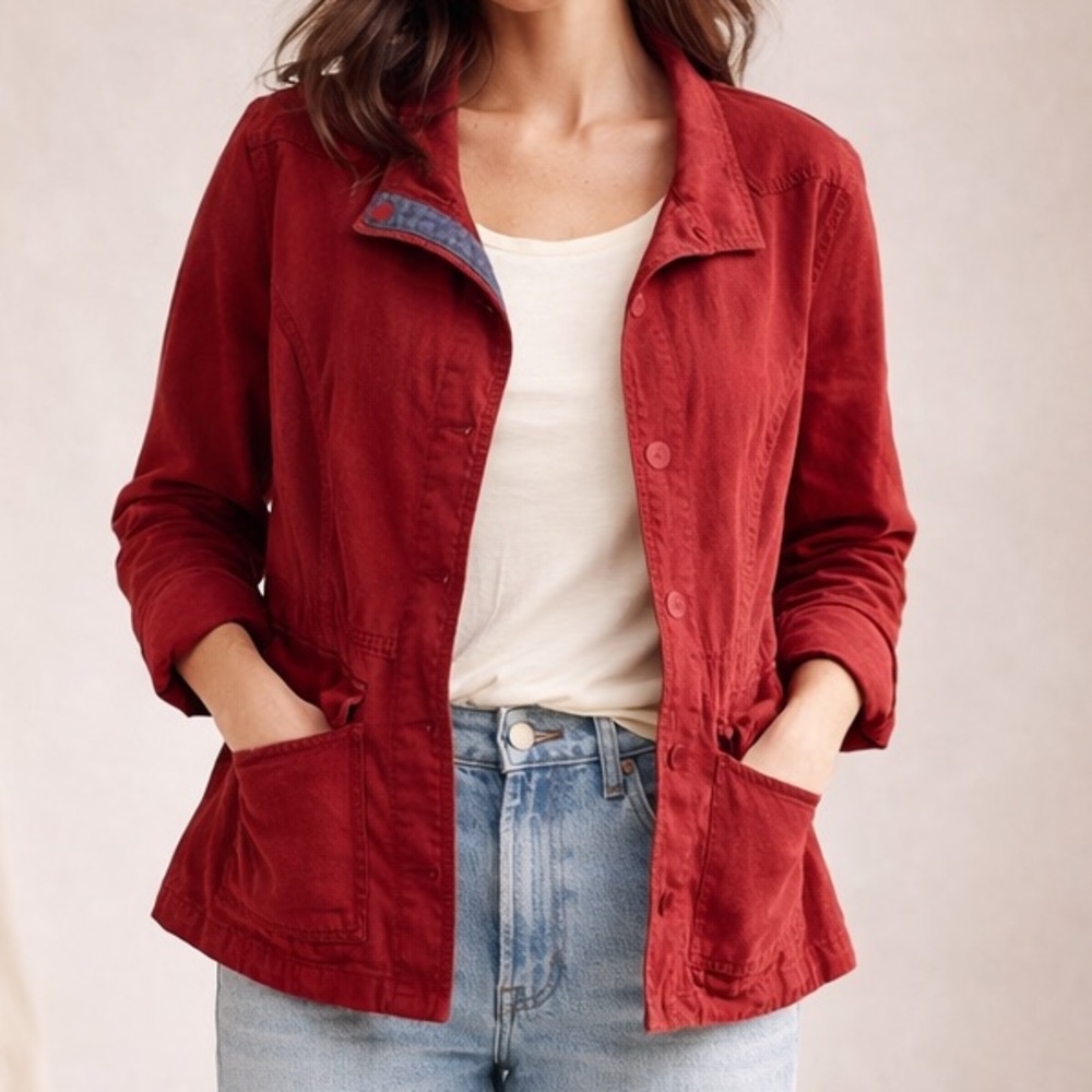 Toad & Co Dusk Jacket Linen Organic Cotton Utility Field Jacket Rust Red Large